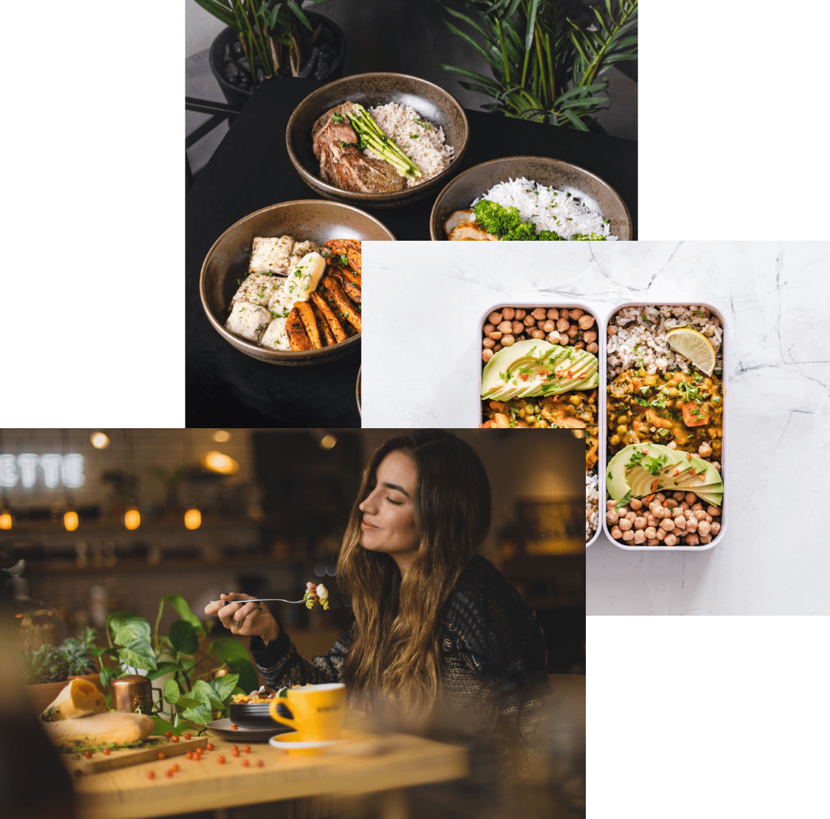 woman enjoying food, 
                meals in storage container, abd food bowls ob a table